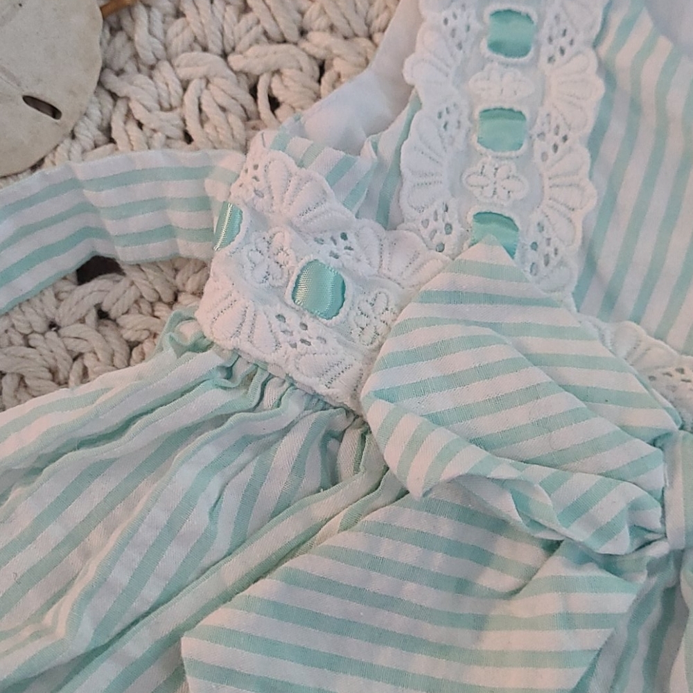 SUMMER BEAUTIFUL TEAL WHITE LACE  STRIPED  DRESS - Picture 8 of 16